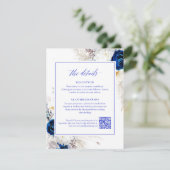Carte D'accompagnement Elégant Royal Blue Flowers Détails RSVP QR Code (Debout devant)