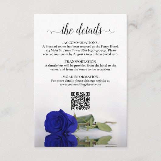Carte D'accompagnement Elégant Royal Blue Rose Détails du Mariage QR Code (Devant)