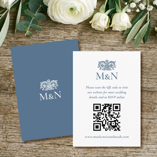Carte D'accompagnement Elegant RSVP Wedding Monogram QR Code Blue White