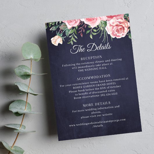 Carte D'accompagnement Elegant rustic pink floral navy wedding details