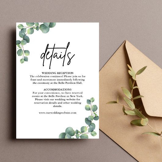 Carte D'accompagnement Elégant Rustique Eucalyptus Green Détails Mariage