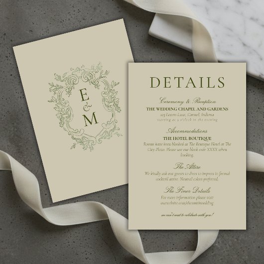 Carte D'accompagnement Elegant Sage Green Crest Monogram Wedding Details