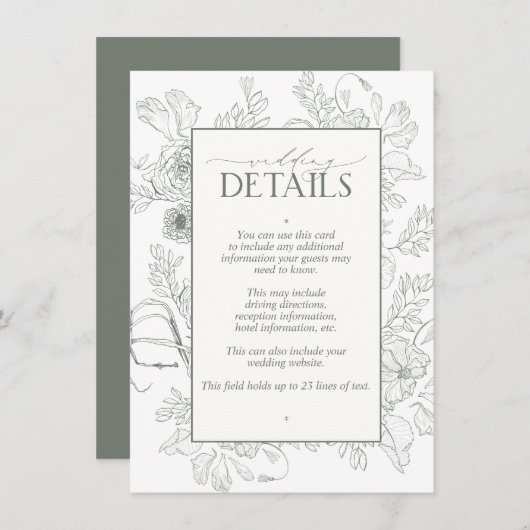 Carte D'accompagnement Elegant Sage Green Floral Line Art Mariage Détails (Devant / Derrière)