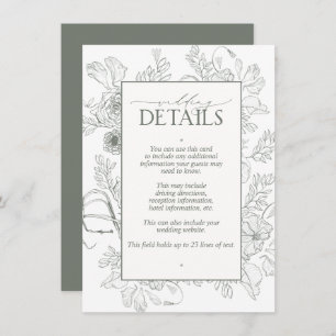 Carte D'accompagnement Elegant Sage Green Floral Line Art Mariage Détails