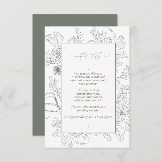 Carte D'accompagnement Elegant Sage Green Floral Line Art Mariage Détails (Devant / Derrière)