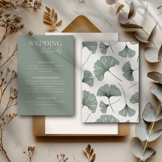 Carte D'accompagnement Elegant Sage Green Ginkgo Leaf Détails du Mariage