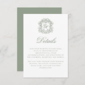 Carte D'accompagnement Elegant Sage Green Monogram Crest Wedding Details (Devant / Derrière)