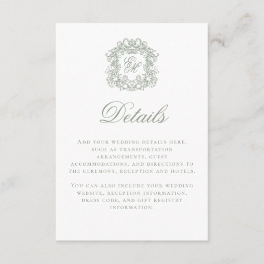 Carte D'accompagnement Elegant Sage Green Monogram Crest Wedding Details (Devant)