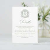 Carte D'accompagnement Elegant Sage Green Monogram Crest Wedding Details (Debout devant)