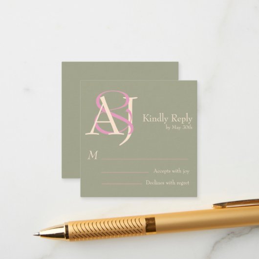 Carte D'accompagnement Elegant Sage Green & Rose Pink Wedding Response (Devant/Arrière en situation)