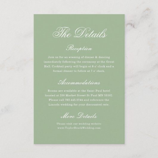 Carte D'accompagnement Elegant Sage Green Wedding Details Tradition (Devant)