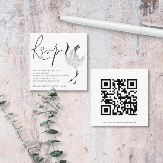 Carte D'accompagnement Élégant script d'oiseaux de grue QR Code Mariage R