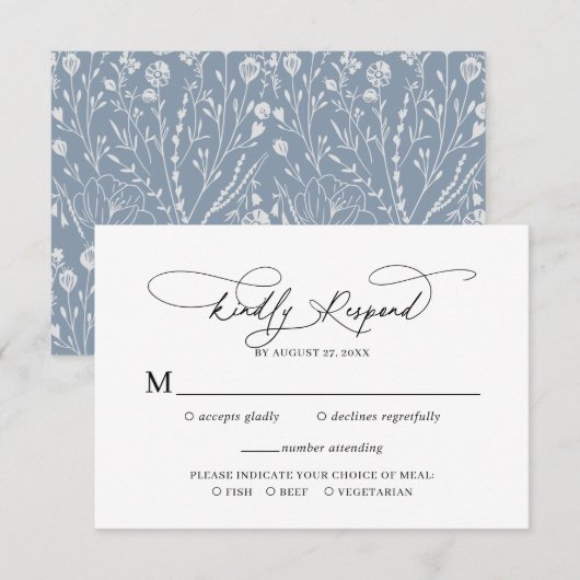 Carte D'accompagnement Élégant Script Floral Dusty Blue Wedding Rsvp (Devant / Derrière)