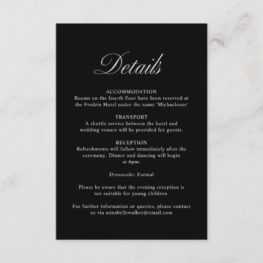 Carte D'accompagnement Élégant script Formal Black Mariage Détails (Devant)