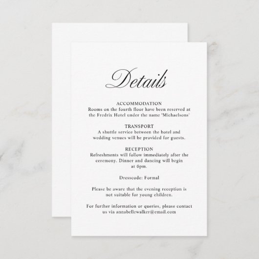 Carte D'accompagnement Élégant Script Formal White Mariage Détails (Devant / Derrière)