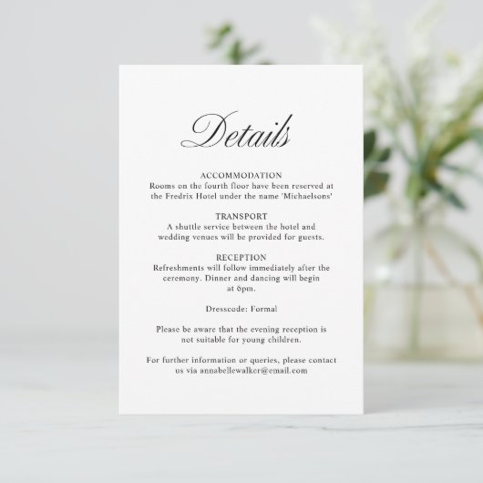 Carte D'accompagnement Élégant Script Formal White Mariage Détails (Debout devant)