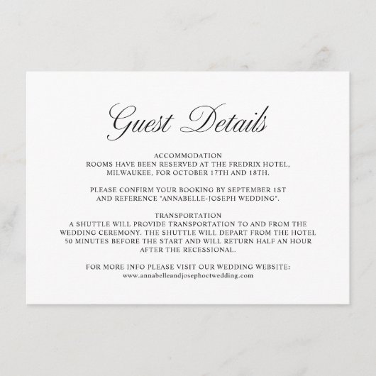 Carte D'accompagnement Élégant Script Formal White Mariage Détails de l'i (Devant)