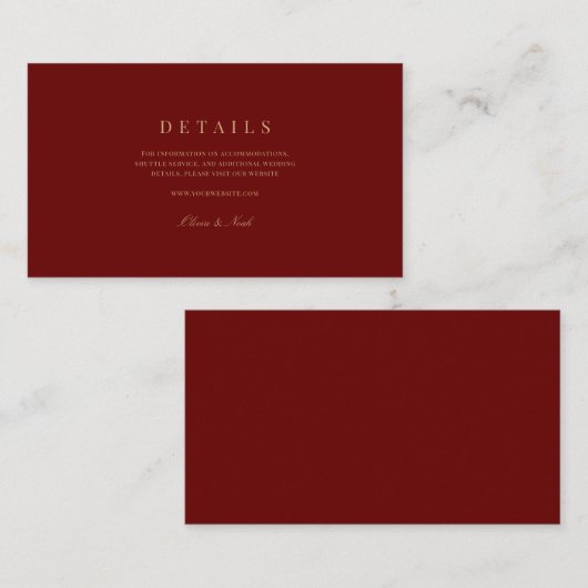Carte D'accompagnement Elégant Script Gold & Deep Red Mariage Détails (Devant / Derrière)