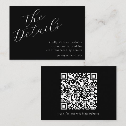 Carte D'accompagnement Élégant Script Mariage Site Web QR Code noir (Devant / Derrière)