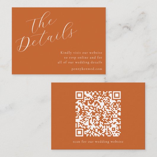 Carte D'accompagnement Élégant Script Mariage Site Web QR Code Terracotta (Devant / Derrière)