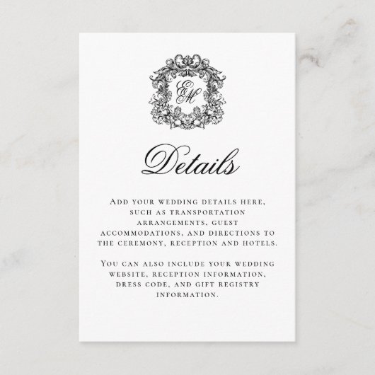 Carte D'accompagnement Élégant Script Monogram Crest Détails du Mariage (Devant)