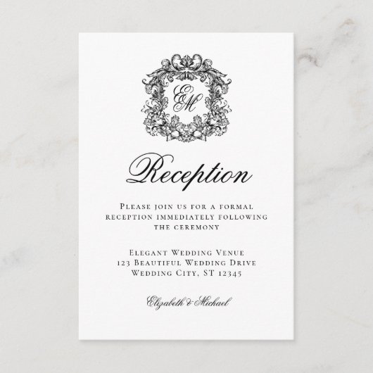 Carte D'accompagnement Élégant Script Monogram Crest Mariage Réception (Devant)