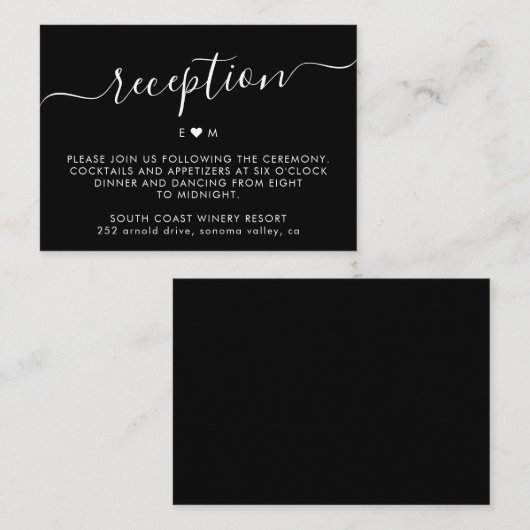 Carte D'accompagnement Élégant Script Monogramme Noir Mariage Réception (Devant / Derrière)