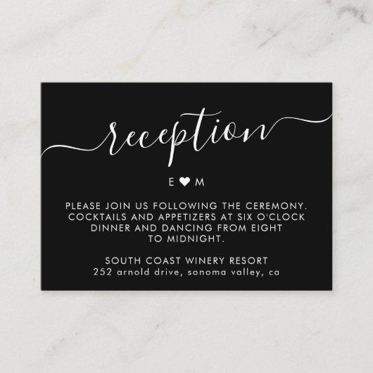 Carte D'accompagnement Élégant Script Monogramme Noir Mariage Réception (Devant)