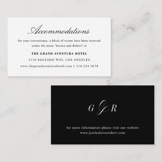 Carte D'accompagnement Élégant Script noir blanc Mariage Hébergements (Devant / Derrière)