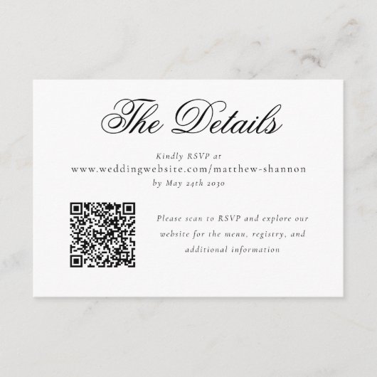 Carte D'accompagnement Élégant Script Noir Blanc Mariage RSVP Détails (Devant)