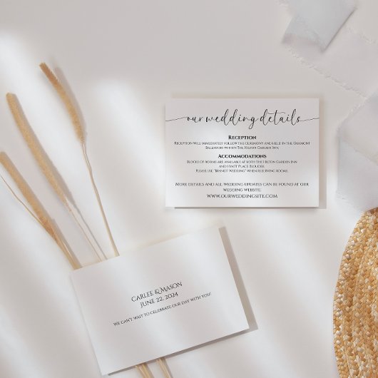 Carte D'accompagnement Élégant script noir et blanc Détails du Mariage