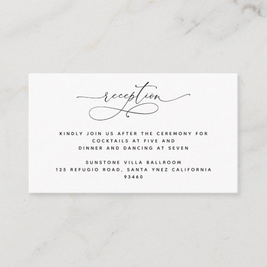 Carte D'accompagnement Élégant Script Noir et Blanc Mariage Réception (Devant)