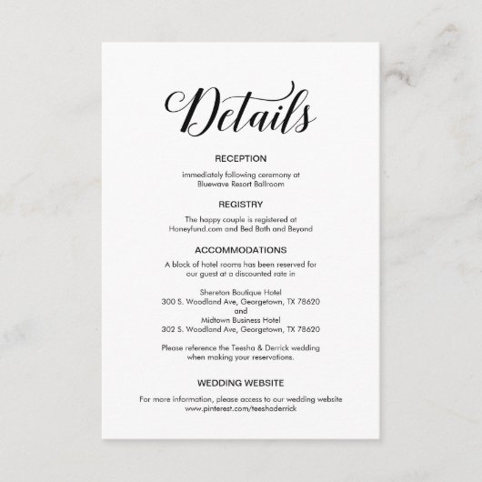 Carte D'accompagnement Élégant script noir, informations sur le Mariage (Devant)