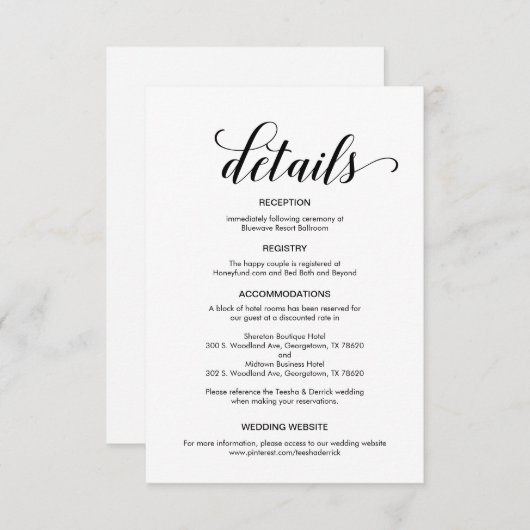 Carte D'accompagnement Élégant script noir, informations sur le Mariage (Devant / Derrière)