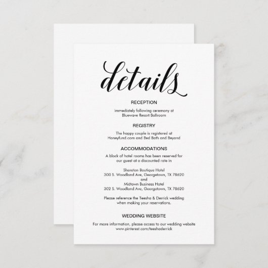 Carte D'accompagnement Élégant script noir, informations sur le Mariage (Devant / Derrière)