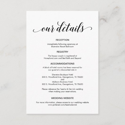 Carte D'accompagnement Élégant script noir, informations sur le Mariage (Devant)