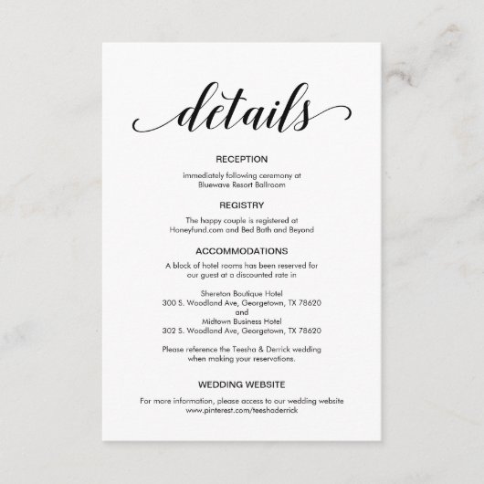 Carte D'accompagnement Élégant script noir, informations sur le Mariage (Devant)