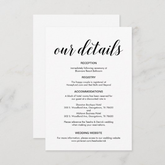 Carte D'accompagnement Élégant script noir, informations sur le Mariage (Devant / Derrière)