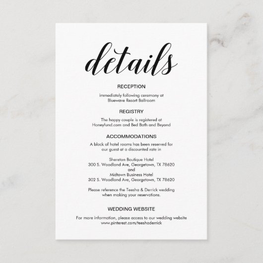 Carte D'accompagnement Élégant script noir, informations sur le Mariage (Devant)