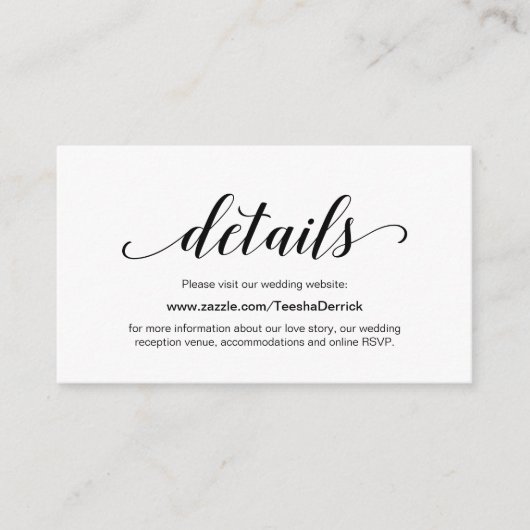 Carte D'accompagnement Élégant script noir, Mariage Détails du site web (Devant)