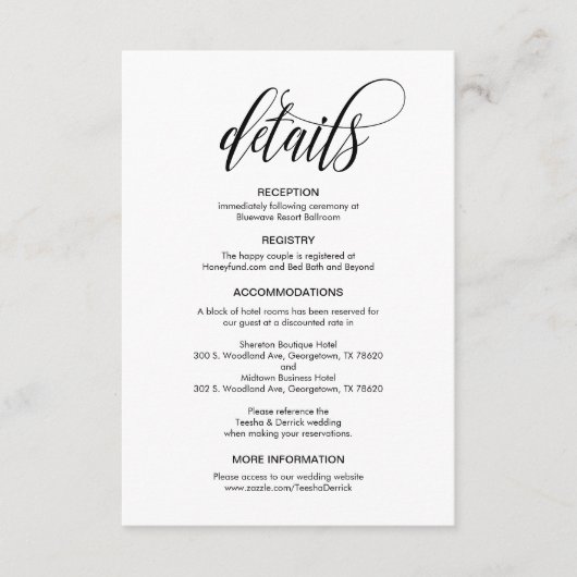 Carte D'accompagnement Élégant, Script Noir, Nos Détails Mariages (Devant)