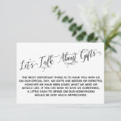 Carte D'accompagnement Élégant Script Parlons de cadeaux Mariage (Debout devant)