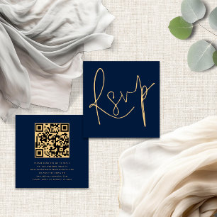 Carte D'accompagnement Élégant Script QR Marine Gold Wedding RSVP