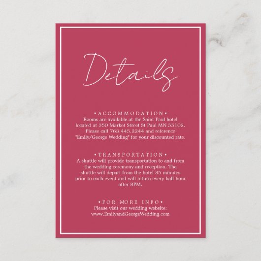 Carte D'accompagnement Élégant Script simple Viva Magenta Détails du Mari (Devant)