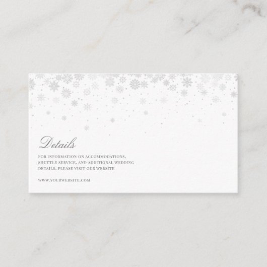 Carte D'accompagnement Élégant Script Snowflakes Détails du Mariage (Devant)