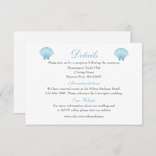 Carte D'accompagnement Elegant Seashell Détails Mariage Blue Beach (Devant / Derrière)