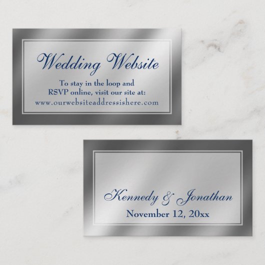 Carte D'accompagnement Elegant Silver & Navy Mariage Site Web Insérer une (Devant / Derrière)