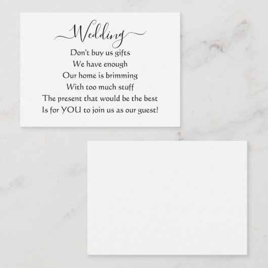 Carte D'accompagnement Élégant Simple Mariage No Cadeaux Poème (Devant / Derrière)