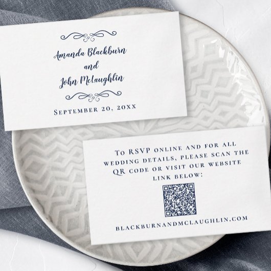 Carte D'accompagnement Elégant site de mariage RSVP QR Code Marine Bleu