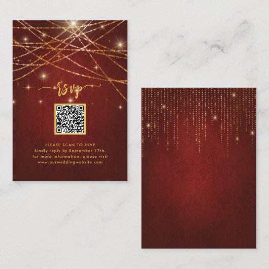Carte D'accompagnement Élégant Sparkling Gold String Lights QR Code RSVP (Devant / Derrière)